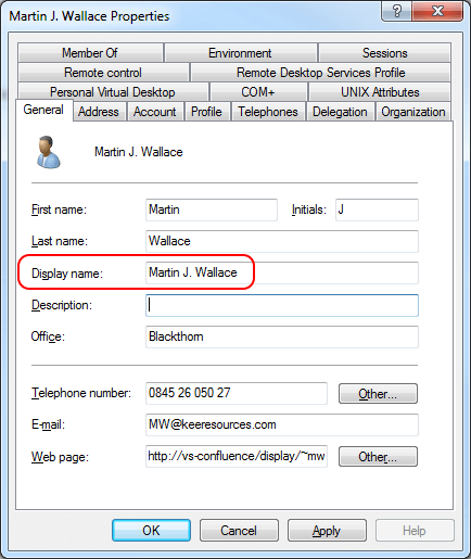 Поле DisplayName в профиле пользователя домена Windows