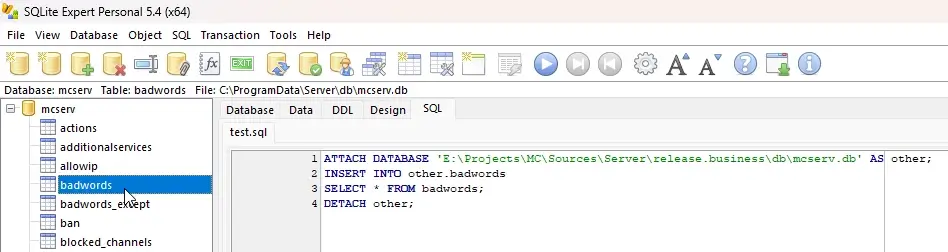 Открытая база данных MyChat Server в SQLite Expert