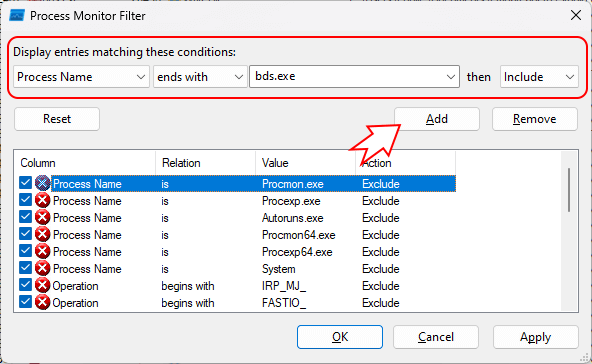 Настройка Process Monitor для фильтрации, какие файлы будет открывать IDE Embarcadero Delphi