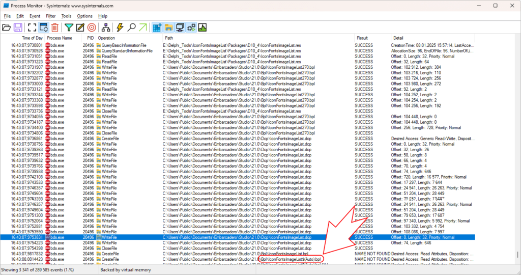 Результат работы Process Monitor, файл IconFontsImageList$(Auto).bpl не существует